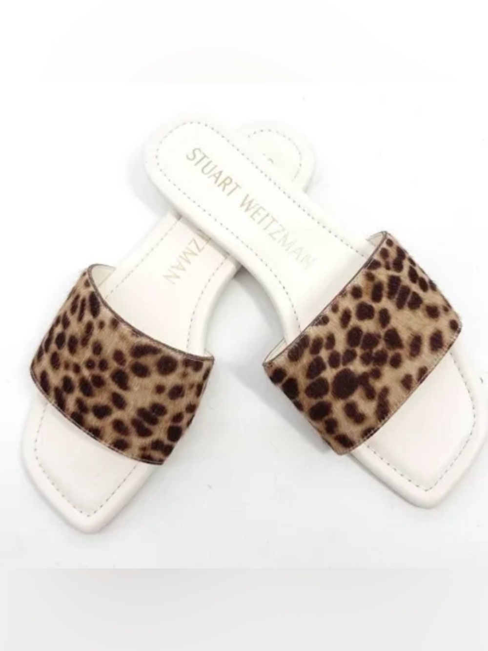 Stuart Weitzman White Cheetah Calf Hair Slide Sandals with Leopard Strap Sz 5.5